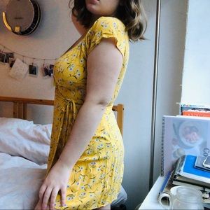 Yellow Floral Wrap Mini Dress